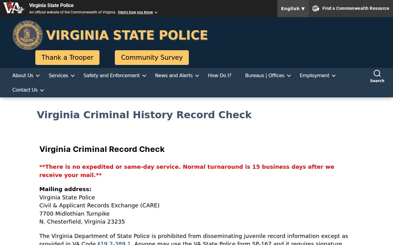 Bedford County criminal history options on the Virginia State Police website